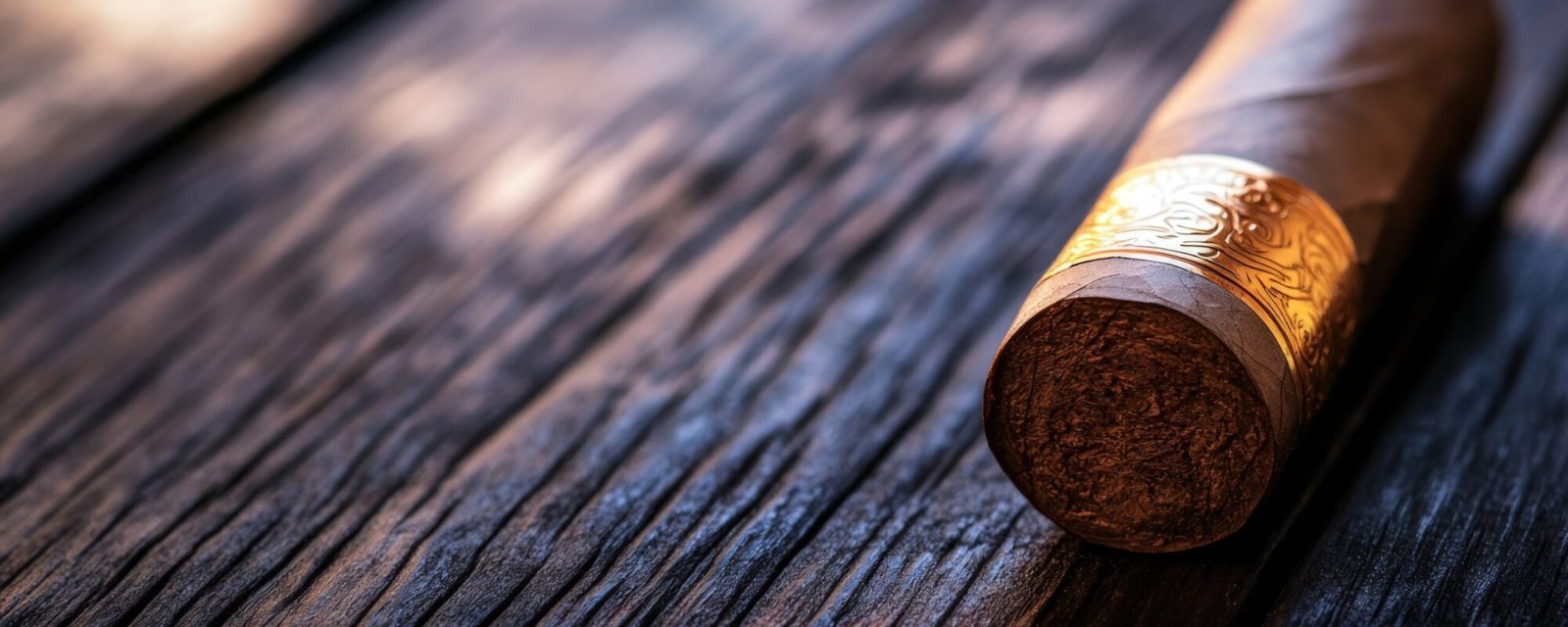 Premium cigar rests on dark wood, sunlit background, for luxury ads